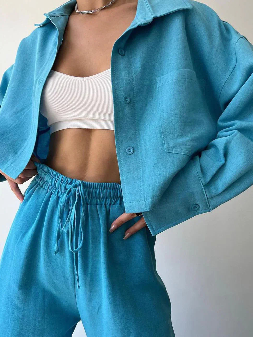 Two-Piece Pants Set with Collar and Drawstring, Casual