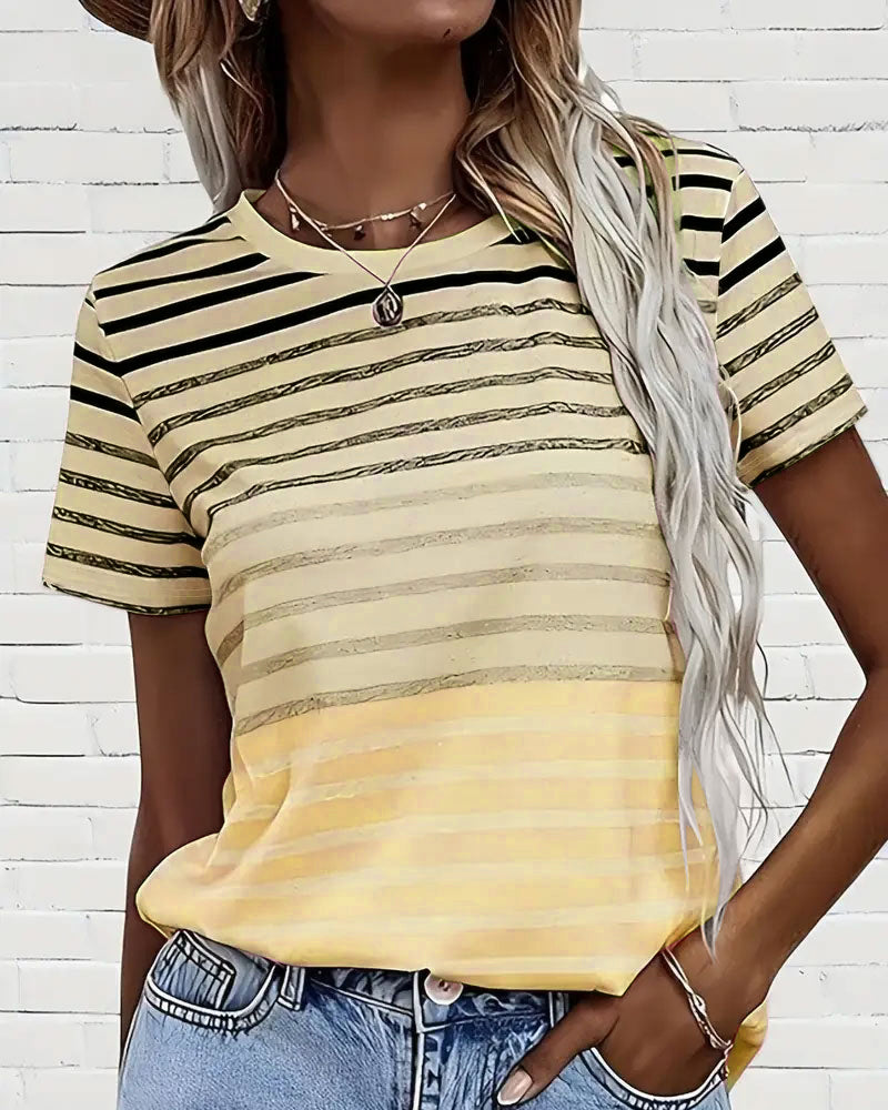 Evelyn – Round Neck Short Sleeve Striped T-Shirt