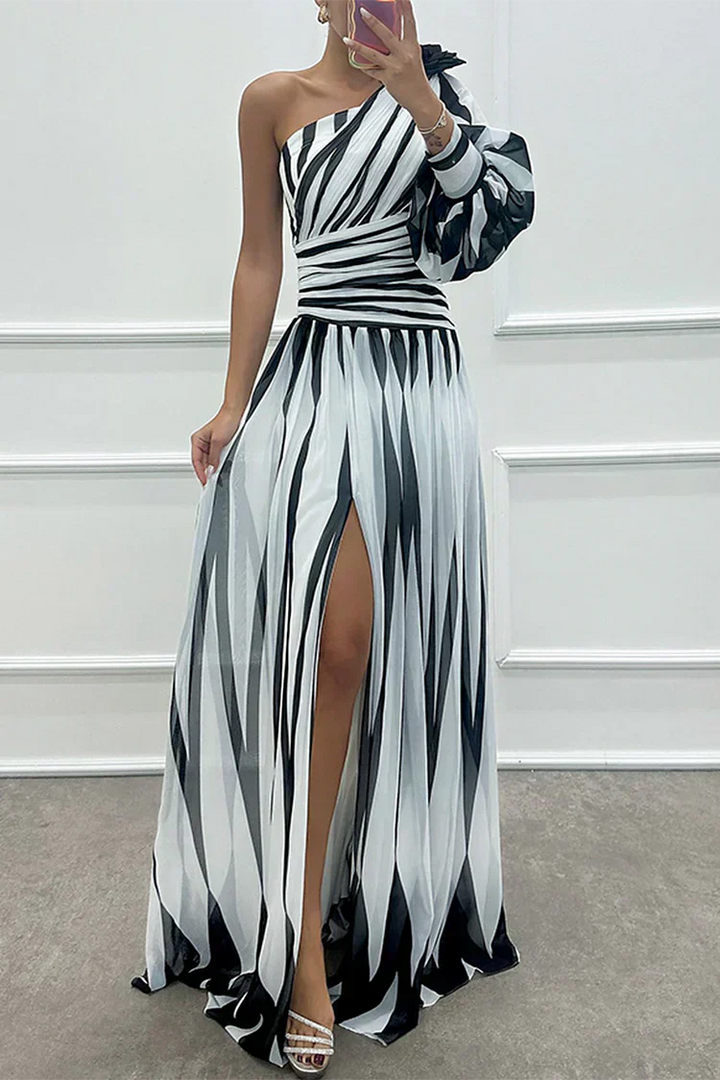 Stella | Elegant Maxi Dress with Stripes, One Shoulder