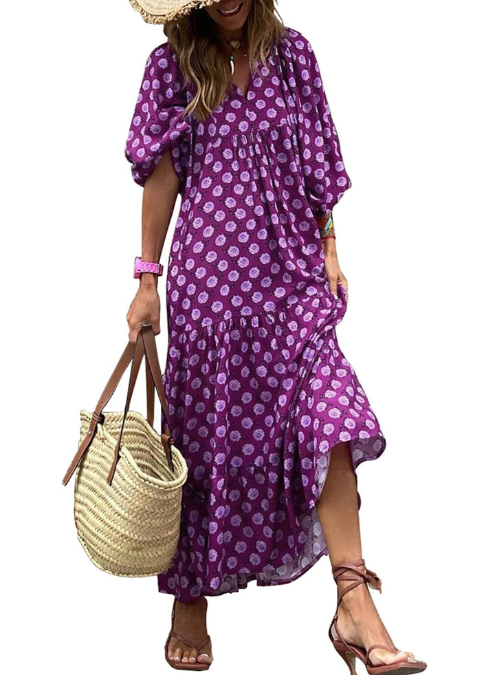 WINONA – BOHO GEOMETRIC MAXI DRESS WITH PUFF SLEEVES