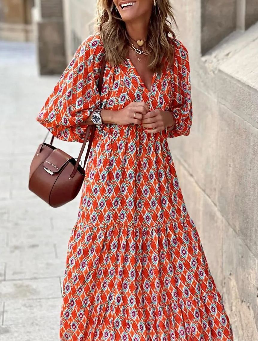 WINONA – BOHO GEOMETRIC MAXI DRESS WITH PUFF SLEEVES