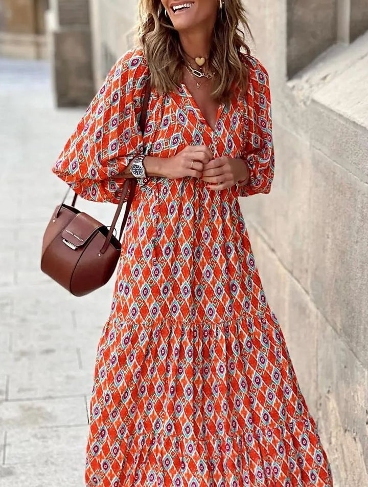 WINONA – BOHO GEOMETRIC MAXI DRESS WITH PUFF SLEEVES