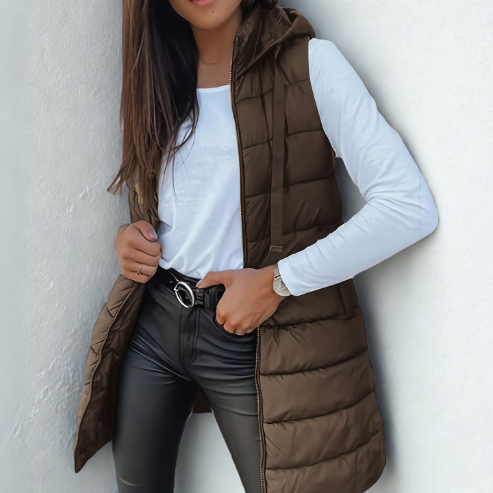 Rebeca | Long Puffer Vest without Sleeves, with Hood, Casual