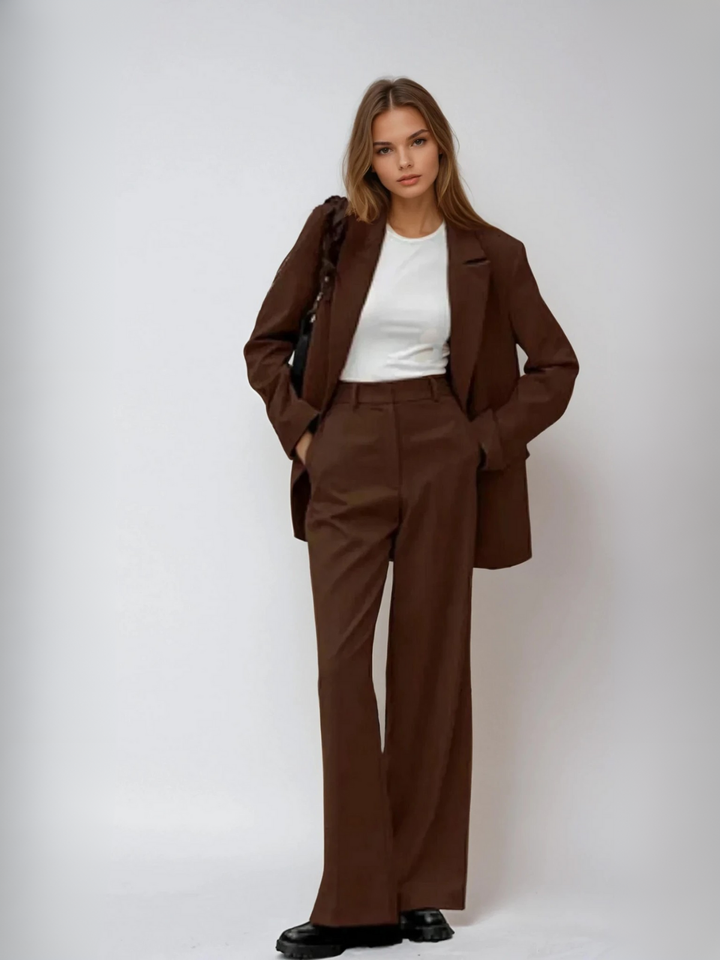 Matching mocha vintage blazer and wide-leg trousers