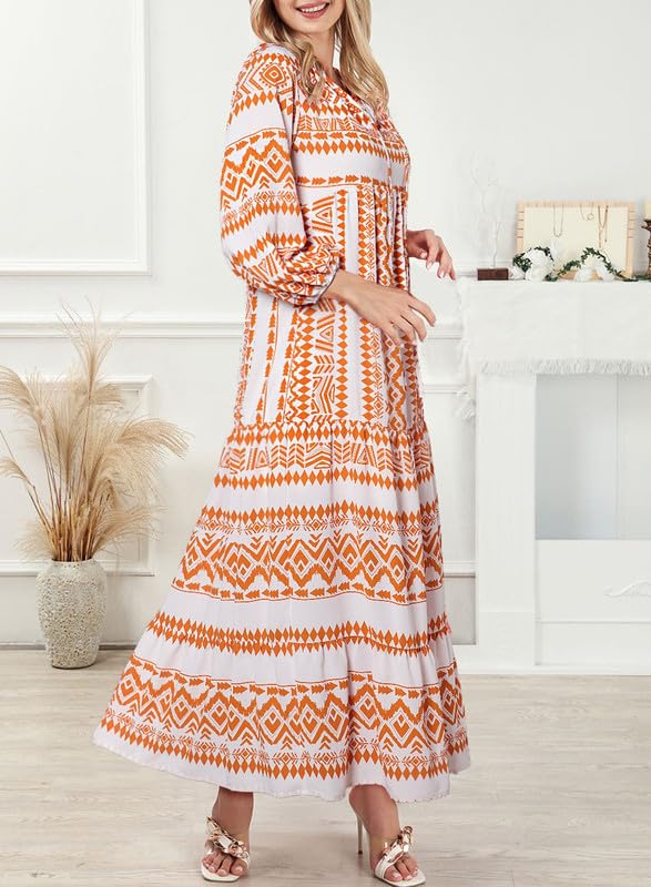 WINONA – BOHO GEOMETRIC MAXI DRESS WITH PUFF SLEEVES