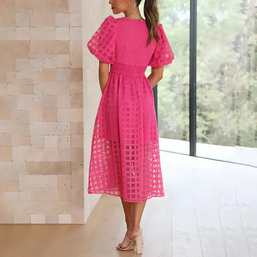 Caelis | Midi Dress with Puff Sleeves and Classic Pattern