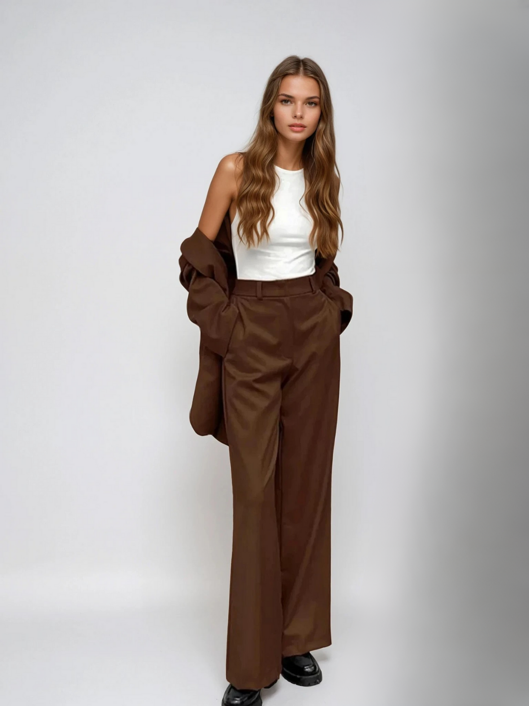 Matching vintage mocha blazer and wide-leg pants