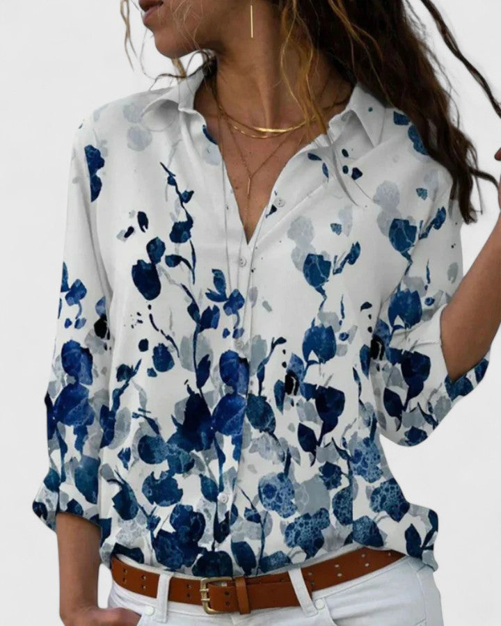 EMILY – INDIGO FLOWER BUTTON BLOUSE