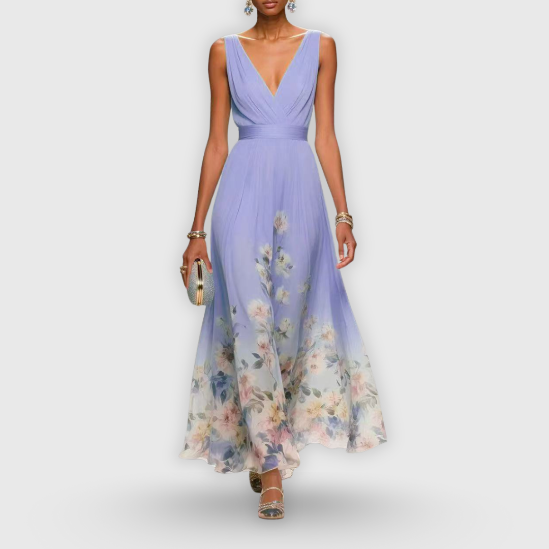 CELESTE – MAXI V-NECK DRESS IN FLOWERS