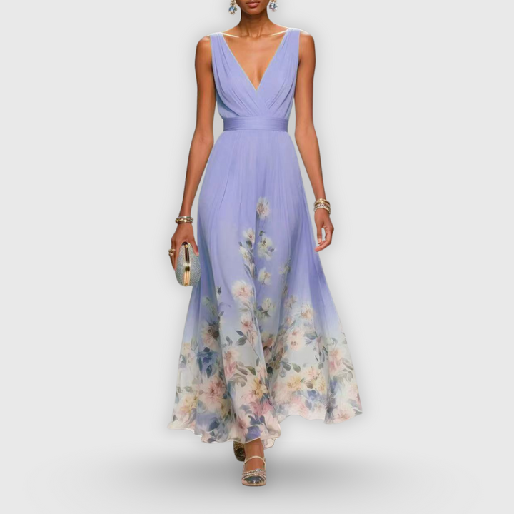 CELESTE – MAXI V-NECK DRESS IN FLOWERS