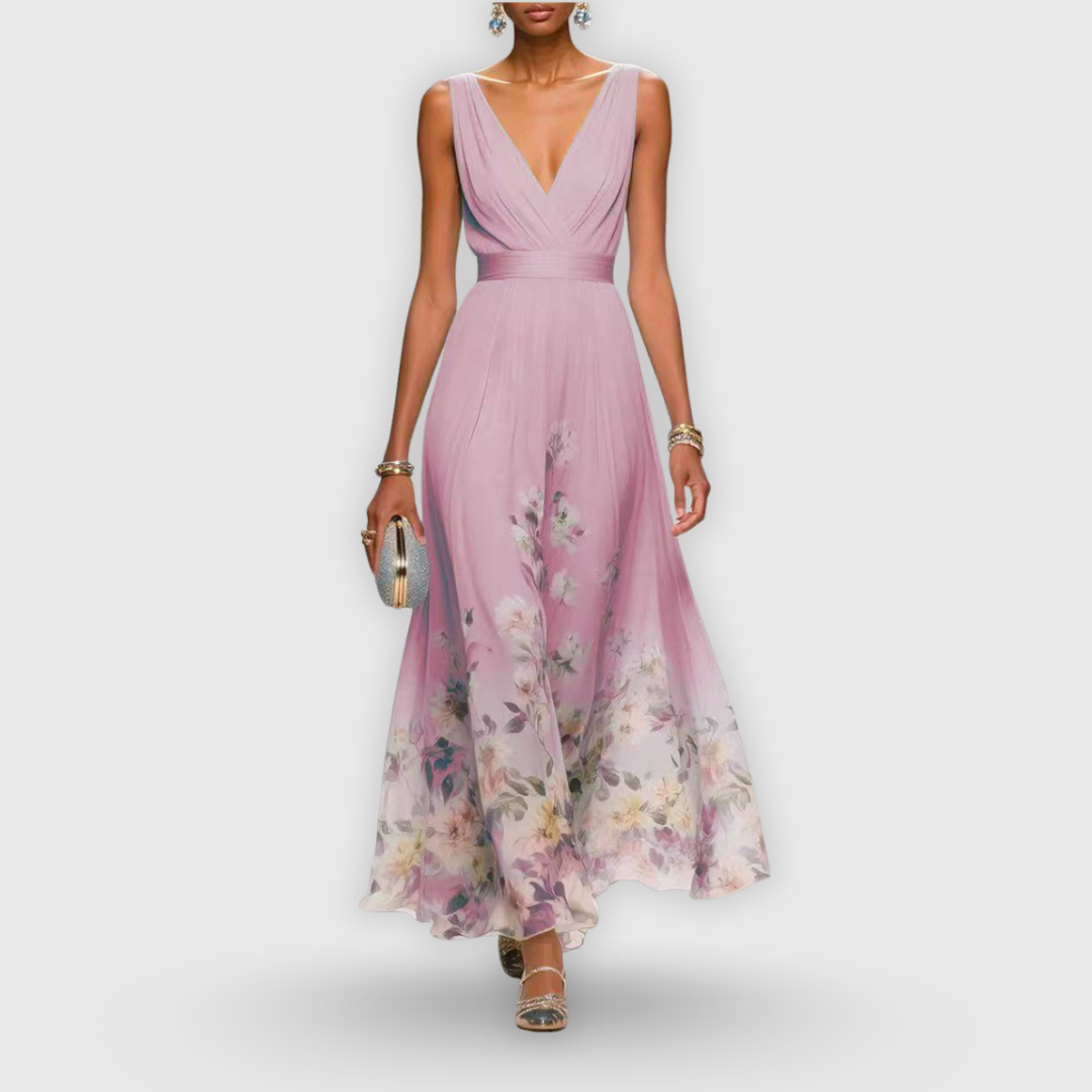 CELESTE – MAXI V-NECK DRESS IN FLOWERS