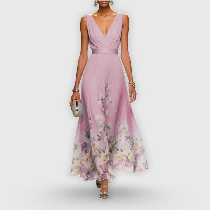 CELESTE – MAXI V-NECK DRESS IN FLOWERS