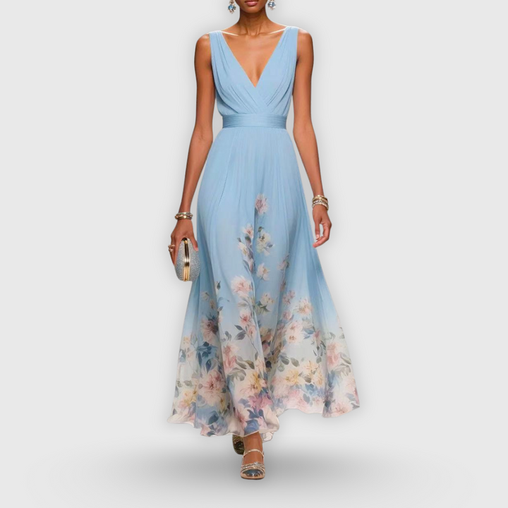 CELESTE – MAXI V-NECK DRESS IN FLOWERS