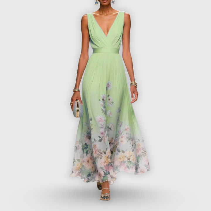 CELESTE – MAXI V-NECK DRESS IN FLOWERS