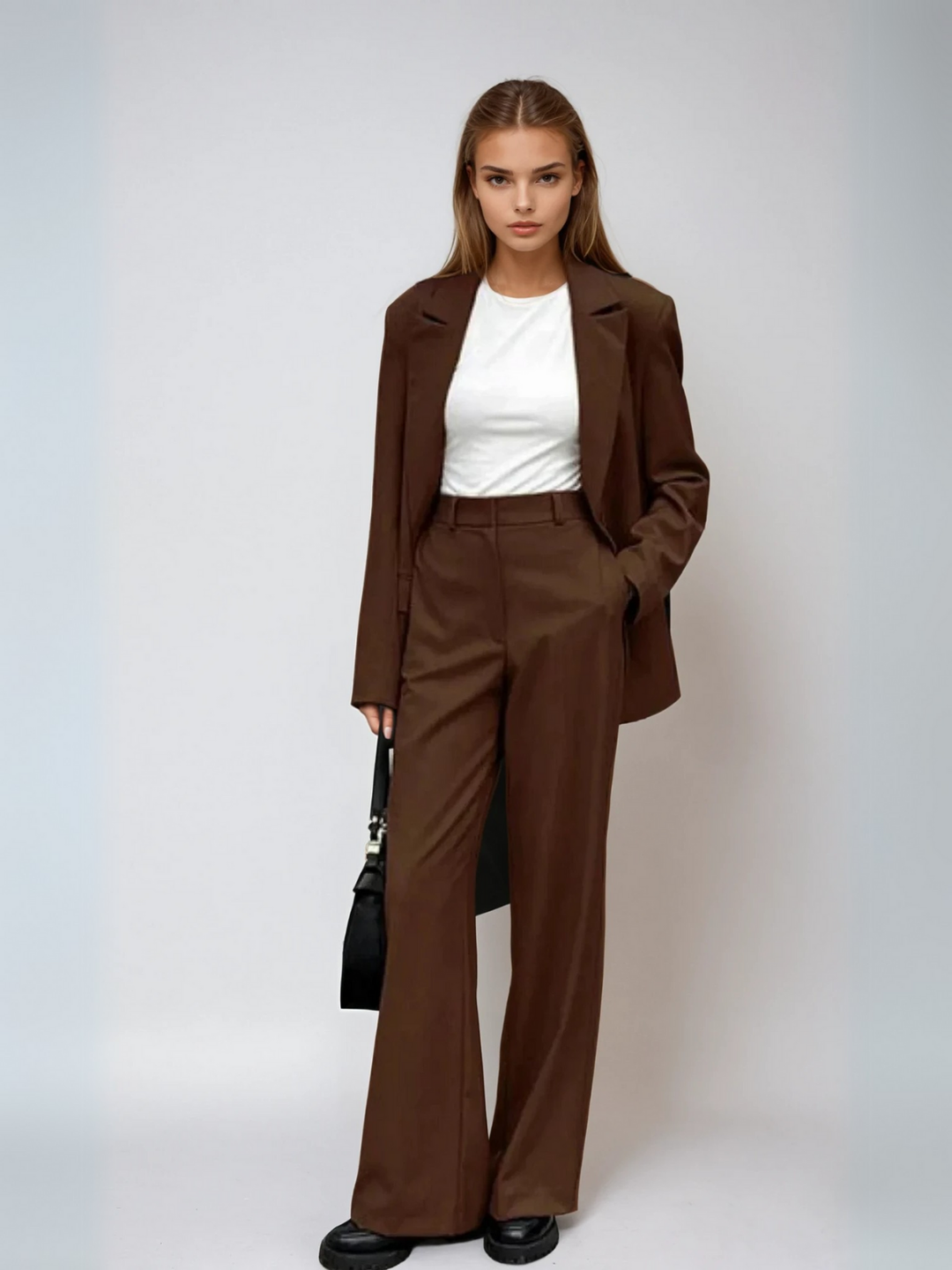 Matching mocha vintage blazer and wide-leg trousers