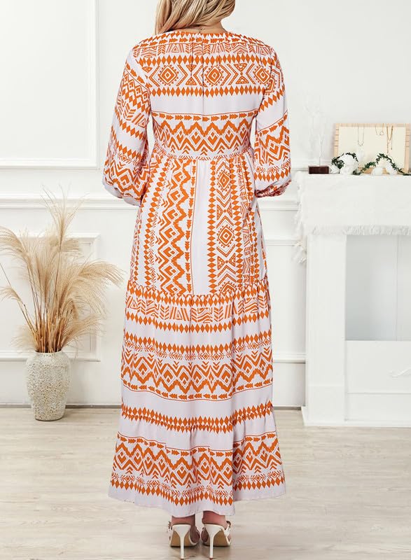 WINONA – BOHO GEOMETRIC MAXI DRESS WITH PUFF SLEEVES