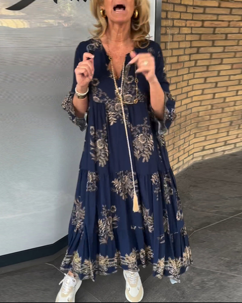 TOVE – LONG DRESS MADE OF LIGHT MATERIAL, WITH V-NECK, NAVY BLUE COLOR