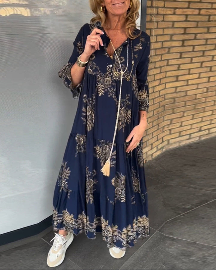 TOVE – LONG DRESS MADE OF LIGHT MATERIAL, WITH V-NECK, NAVY BLUE COLOR