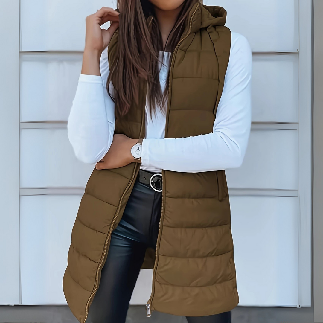 Rebeca | Long Puffer Vest without Sleeves, with Hood, Casual