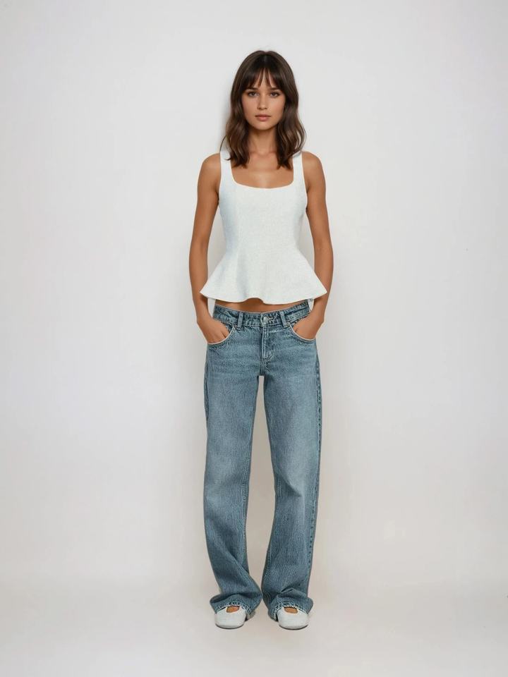 Sleeveless Peplum Top with Square Neckline, Fitted