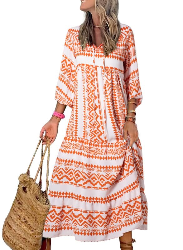 WINONA – BOHO GEOMETRIC MAXI DRESS WITH PUFF SLEEVES