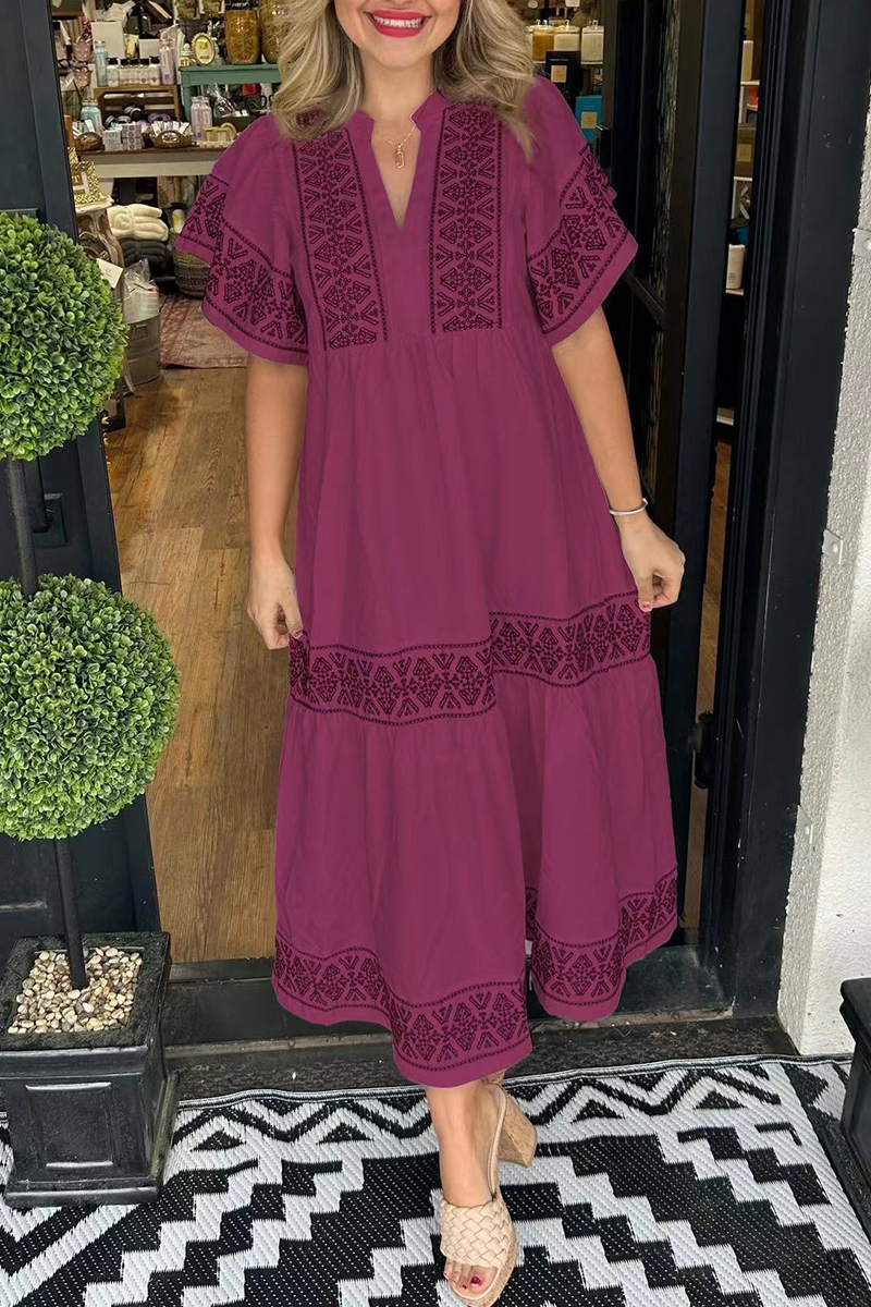 SORAYA – A-LINE DRESS WITH V-NECK, IN GEOMETRIC PATCHWORK