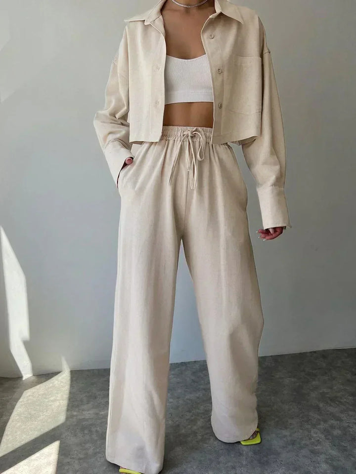 Two-Piece Casual Pants Set with Collar and Drawstring