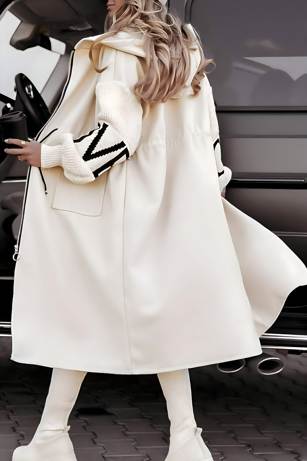 Camelia | Long Coat with Knit Sleeves and Hood