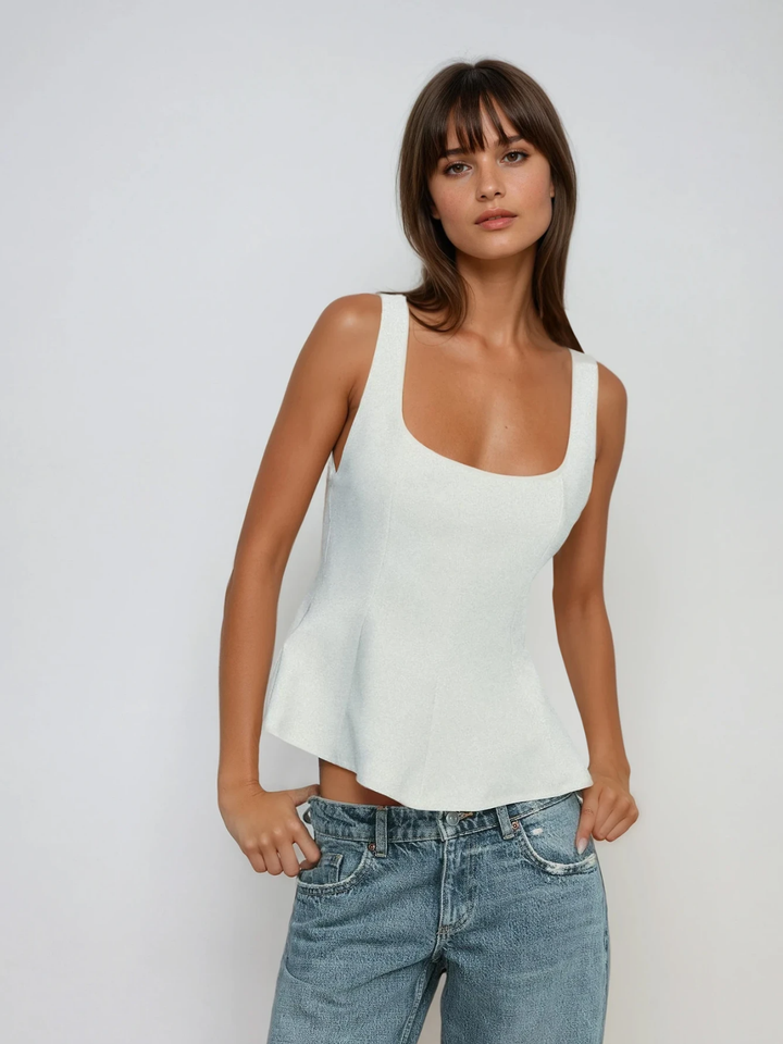Sleeveless Peplum Top with Square Neckline, Fitted