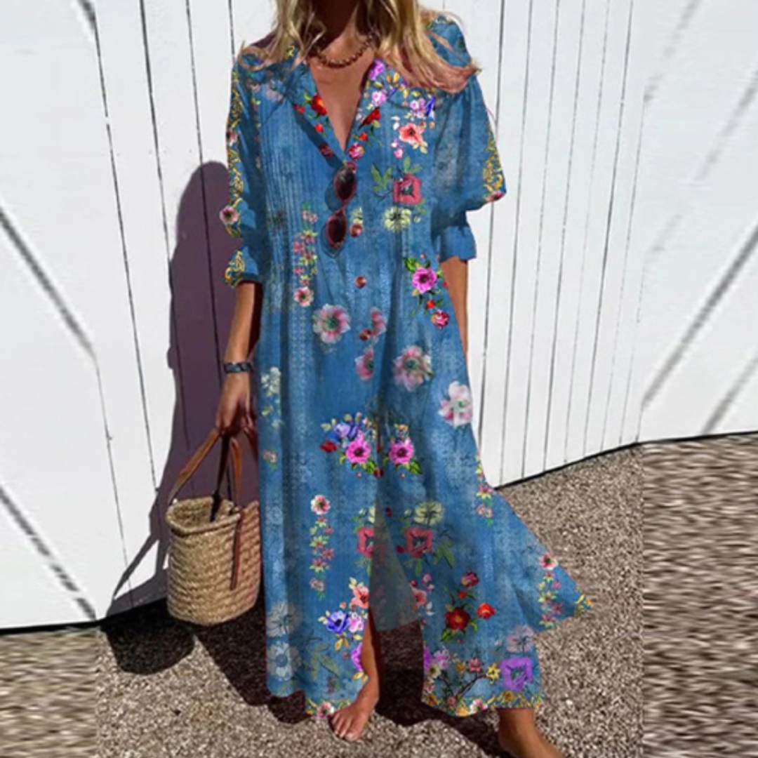 ISLA – MAXI DRESS WITH BUTTON IN COASTAL BREEZE