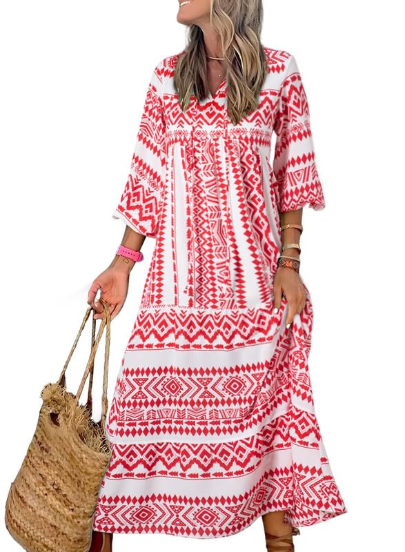 WINONA – BOHO GEOMETRIC MAXI DRESS WITH PUFF SLEEVES