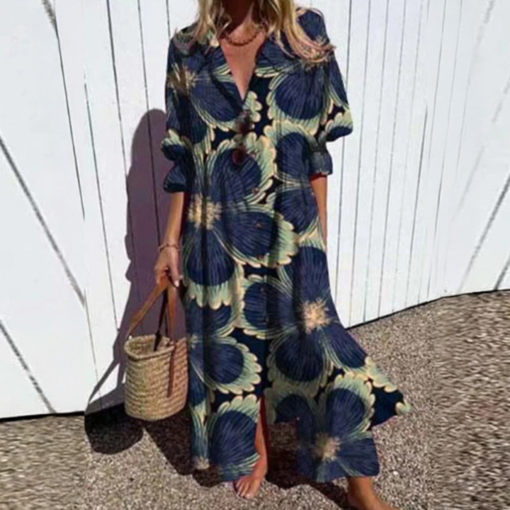 ISLA – MAXI DRESS WITH BUTTON IN COASTAL BREEZE