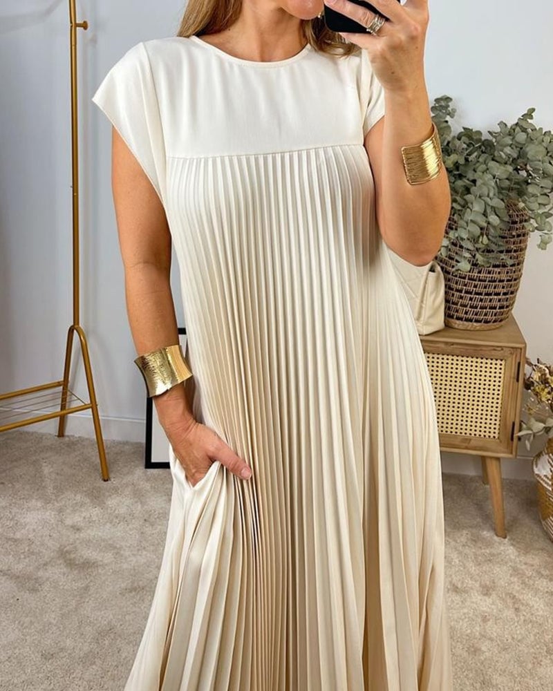 Maxi Pleated Dress with Short Sleeves for Women