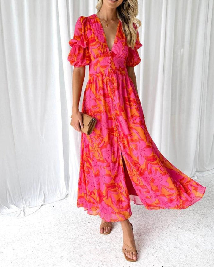 Zynelle | Elegant Maxi Dress with Puff Sleeves and V-Neck