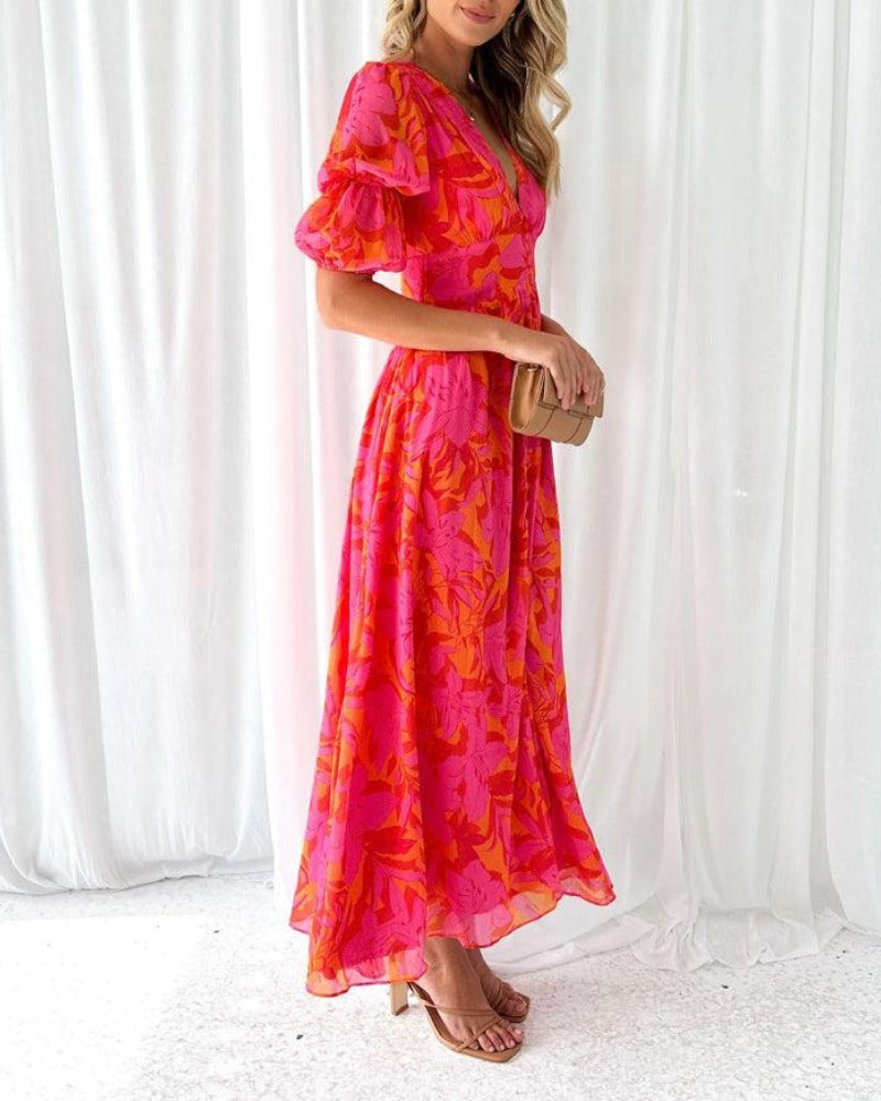 Sierra - Elegant Maxi Dress with V-Neck and Puff Sleeves