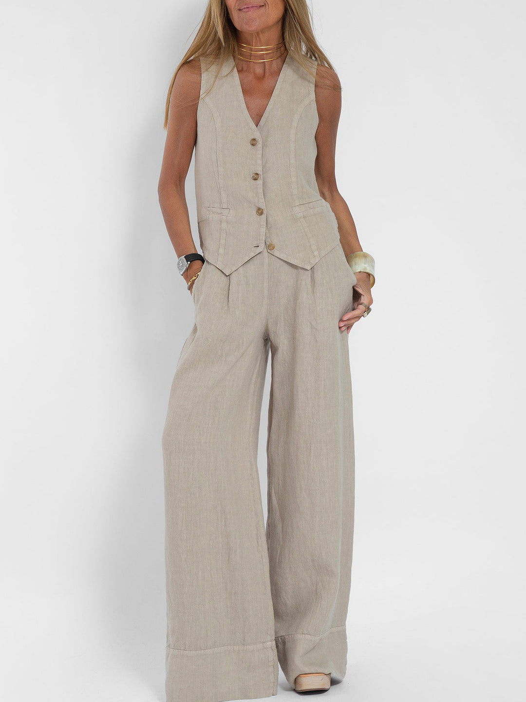 Jessica - Buttoned Vest and Wide Pants Set