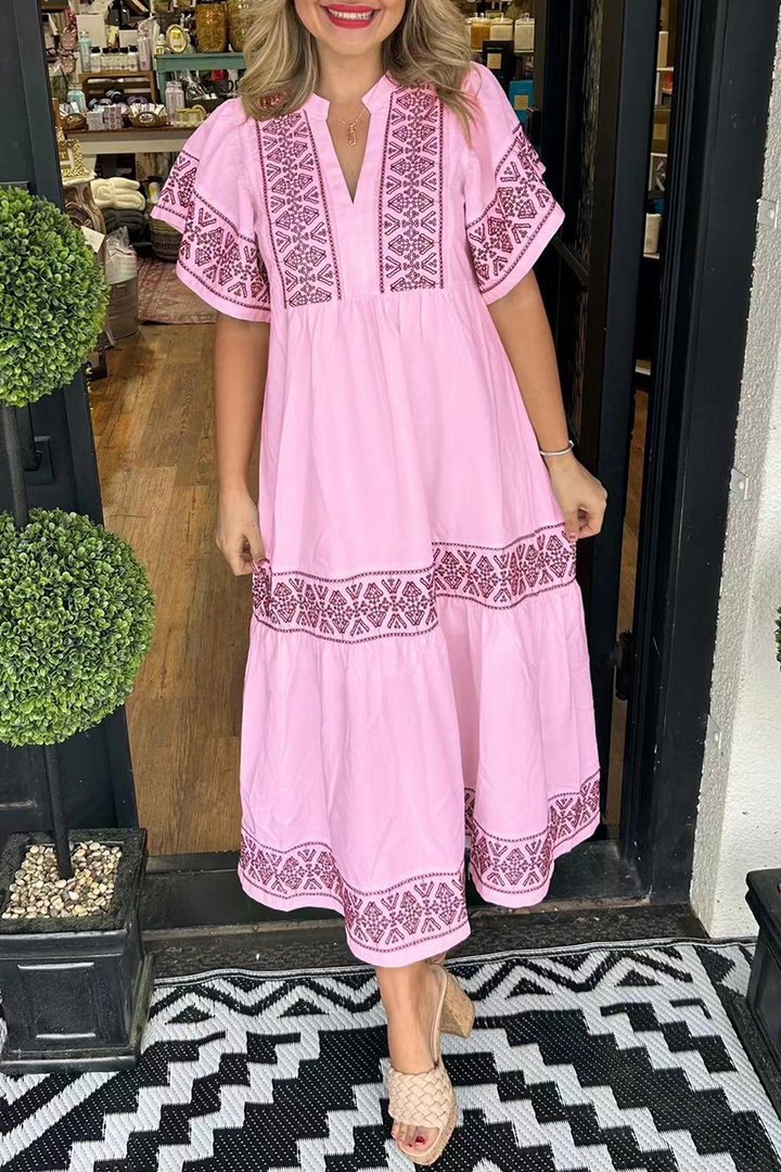 SORAYA – A-LINE DRESS WITH V-NECK, IN GEOMETRIC PATCHWORK