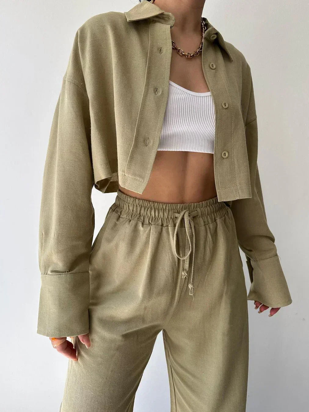 Two-Piece Pants Set with Collar and Drawstring, Casual