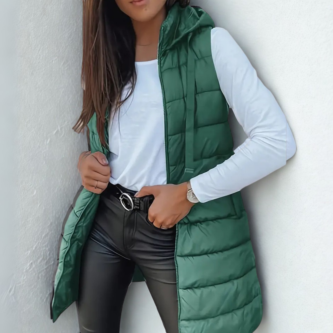 Rebeca | Long Puffer Vest without Sleeves, with Hood, Casual