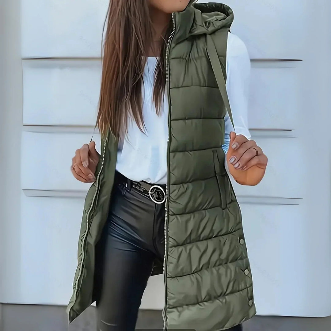 Rebeca | Long Puffer Vest without Sleeves, with Hood, Casual