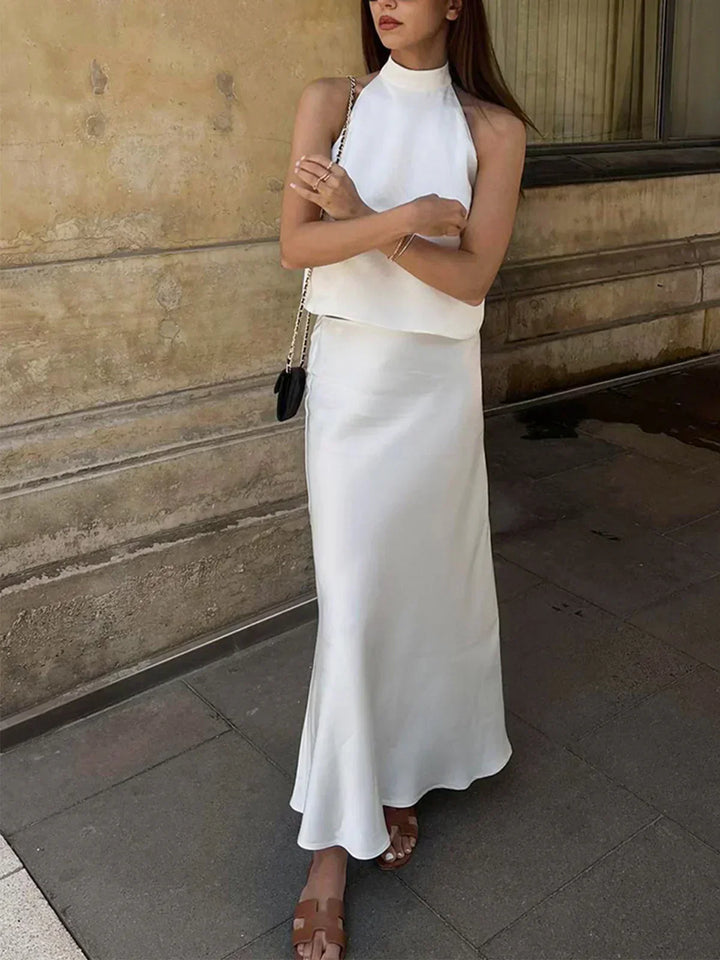 Sacred Dream Satin Skirt Set with Open Back