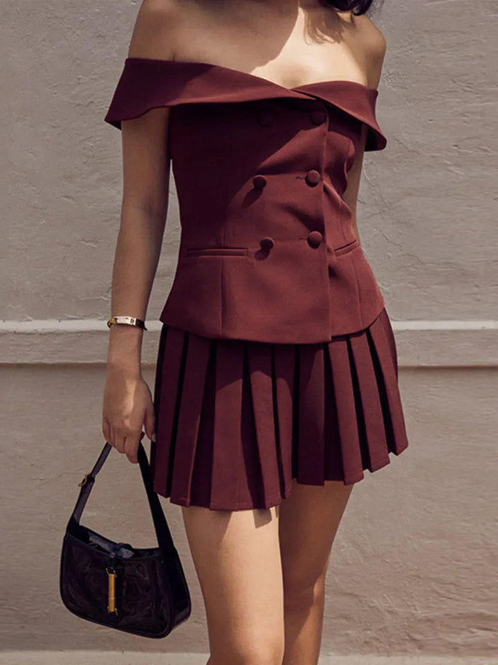 Set of top with off-shoulder blazer and pleated skirt
