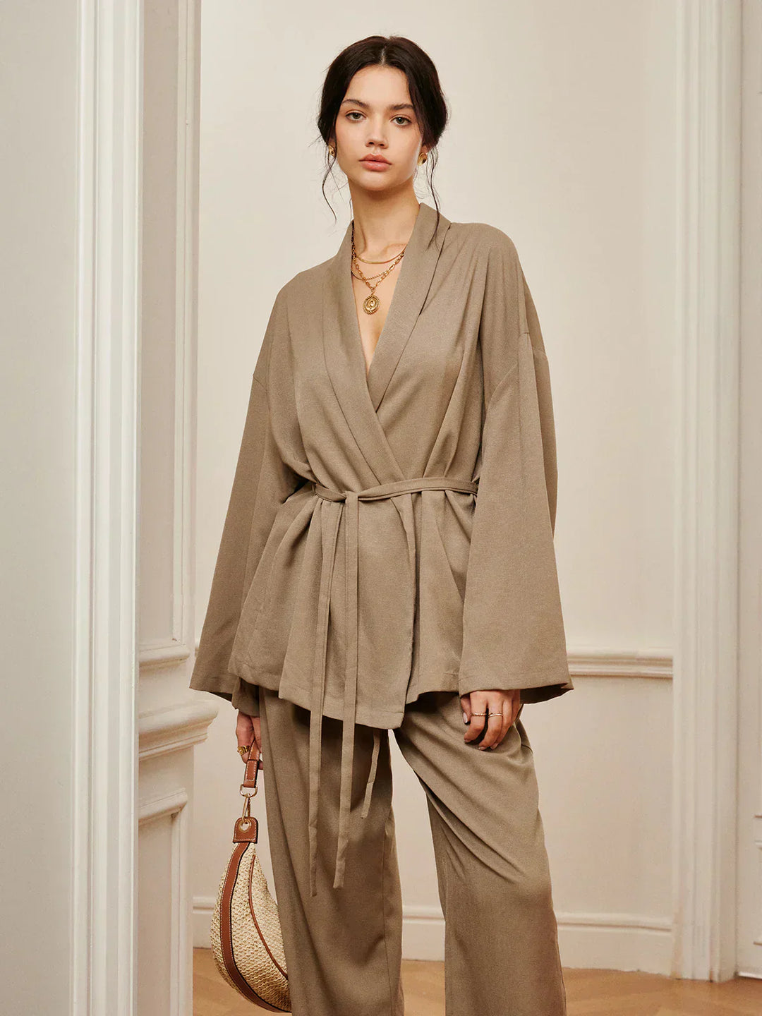 Wrinkled Pants Set with Belt for Leisure