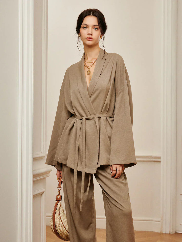 Wrinkled Pants Set with Belt for Leisure