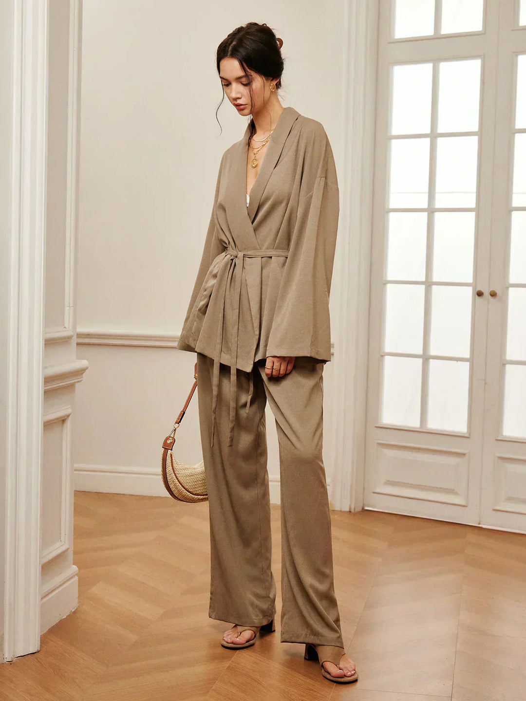 Wrinkled Pants Set with Belt for Casual Outfits