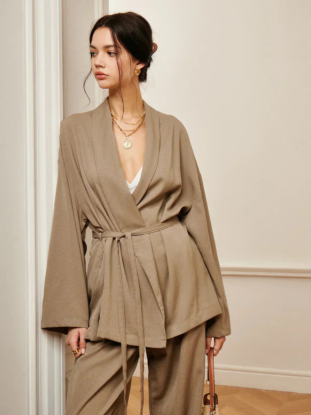 Wrinkled Pants Set with Belt for Casual Wear