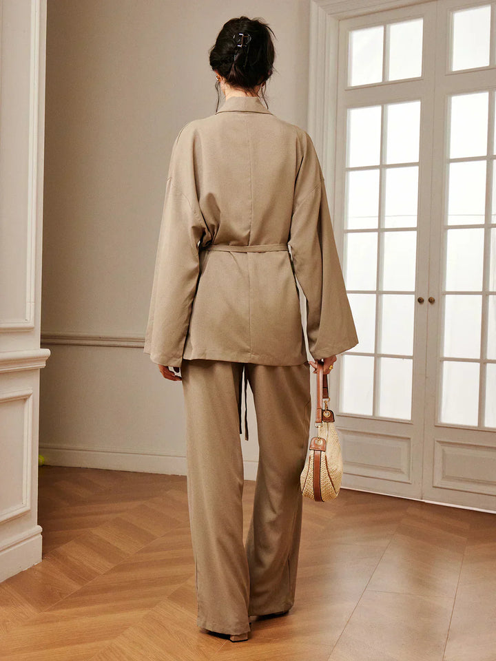 Wrinkled Pants Set with Belt for Casual Wear