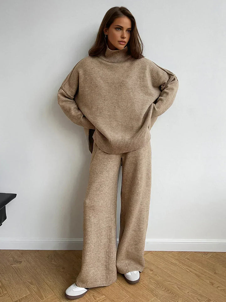 Knitted set with high collar and trousers