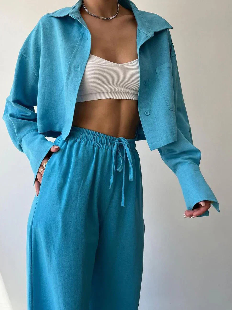 Two-Piece Pants Set with Collar and Drawstring, Casual