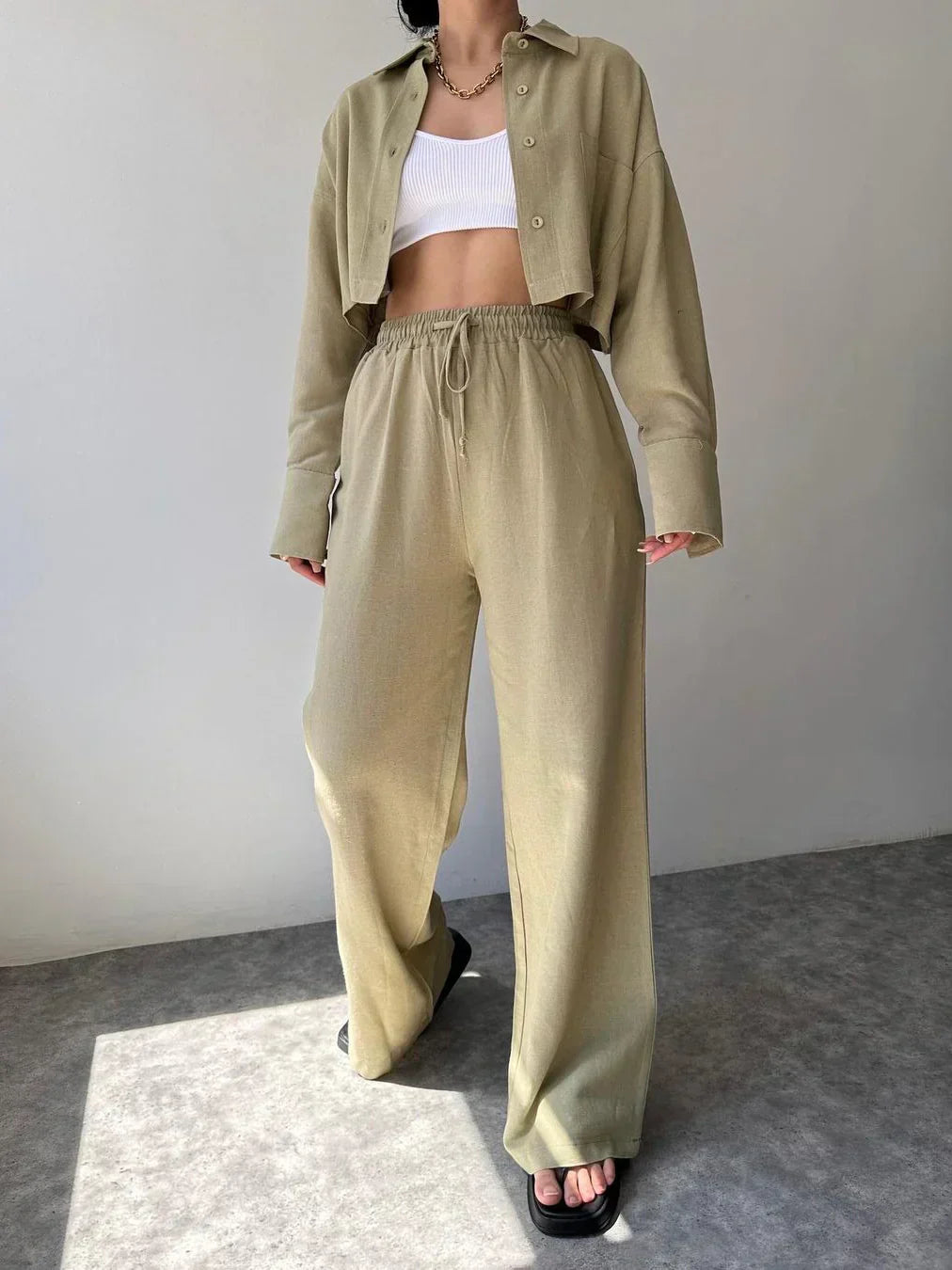 Two-Piece Pants Set with Collar and Drawstring, Casual